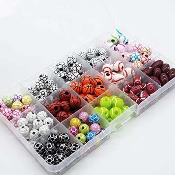 15 Styles Sports Beads Football Baseball Basketball Tennis Volleyball Soccer with 1 Roll of Elastic Rope and a Plastic Box for DIY Bracelet Necklace Making