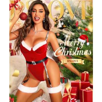 RSLOVE Christmas Lingerie for Women - Sexy Santa Teddy Bodysuit Rhinestone Xmas Babydoll One Piece w...