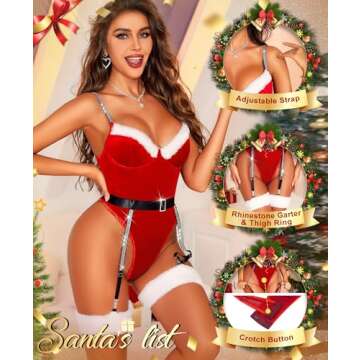 RSLOVE Christmas Lingerie for Women - Sexy Santa Teddy Bodysuit Rhinestone Xmas Babydoll One Piece with Underwire and Garter Belt Red M