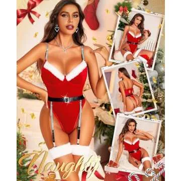 RSLOVE Christmas Lingerie for Women - Sexy Santa Teddy Bodysuit Rhinestone Xmas Babydoll One Piece with Underwire and Garter Belt Red M