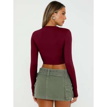 Trendy Queen Womens Long Sleeve Crop Tops Basic Slim Fitted Shirts Casual Fashion 2025 Going Out Y2k Tops Teen Girl Clothes Burgundy M