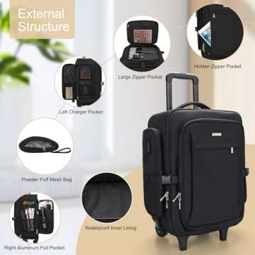Relavel Rolling Makeup Train Case, Trolley Travel Make Up Case with Adjustable Dividers, Extra Large Makeup Backpack with Wheels, Waterproof Cosmetic Organizer for Makeup Artist, Black
