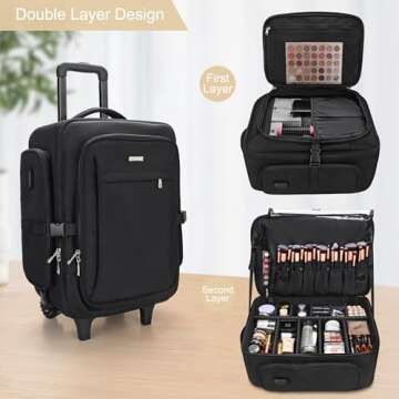 Relavel Rolling Makeup Train Case, Trolley Travel Make Up Case with Adjustable Dividers, Extra Large Makeup Backpack with Wheels, Waterproof Cosmetic Organizer for Makeup Artist, Black