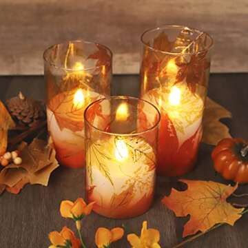 Crystal Club Fall Flameless Candles, Autumn Maple Leaves LED Flickering Candles with Remote and Timer, Battery Operated Glass Effect Pillar Candles for Fall Home Thanksgiving Décor