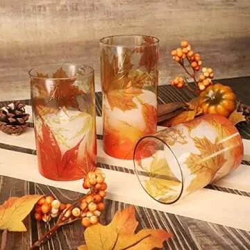 Crystal Club Fall Flameless Candles, Autumn Maple Leaves LED Flickering Candles with Remote and Timer, Battery Operated Glass Effect Pillar Candles for Fall Home Thanksgiving Décor