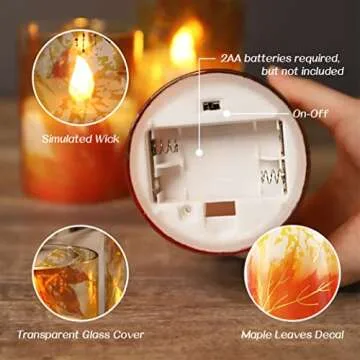 Crystal Club Fall Flameless Candles, Autumn Maple Leaves LED Flickering Candles with Remote and Timer, Battery Operated Glass Effect Pillar Candles for Fall Home Thanksgiving Décor