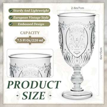 Wiwiqing 24 Pcs Plastic Goblets 7.5oz Vintage Goblet Plastic Wine Glasses Colored Retro Embossed Wat...