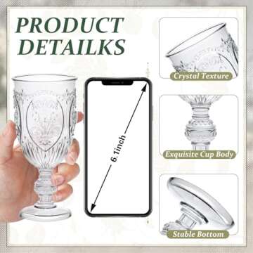 Wiwiqing 24 Pcs Plastic Goblets 7.5oz Vintage Goblet Plastic Wine Glasses Colored Retro Embossed Water Goblets for Wine Bar Juice Baby Shower Wedding Reception Grand Event Party (Clear)