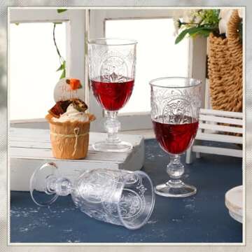 Wiwiqing 24 Pcs Plastic Goblets 7.5oz Vintage Goblet Plastic Wine Glasses Colored Retro Embossed Water Goblets for Wine Bar Juice Baby Shower Wedding Reception Grand Event Party (Clear)