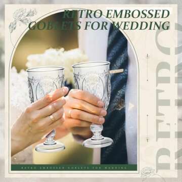 Wiwiqing 24 Pcs Plastic Goblets 7.5oz Vintage Goblet Plastic Wine Glasses Colored Retro Embossed Water Goblets for Wine Bar Juice Baby Shower Wedding Reception Grand Event Party (Clear)