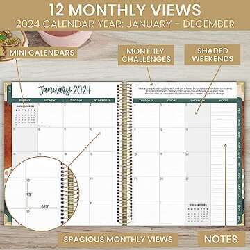 bloom daily planners 2024 Hardcover Calendar Year Goal & Vision Planner (January 2024 - December 2024) - Monthly/Weekly Column View Agenda Organizer - 7.5" x 9" - Earthy Abstract, Green