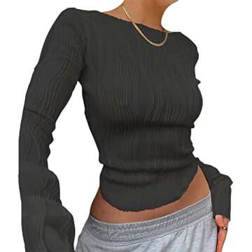 Women's Casual Pleated Long Sleeve T-Shirt Y2K Fashion Solid Slim Fit Basic Tee Top Ruched 2023 Spri...