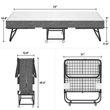 Karcog Rollaway Bed, Folding Bed with Mattress for Adults, Storage Cover Included, Cot Size Extra Guest Bed, Foldable Bed with Memory Foam Mattress and Sturdy Metal Frame on Wheels - 75” x 31"