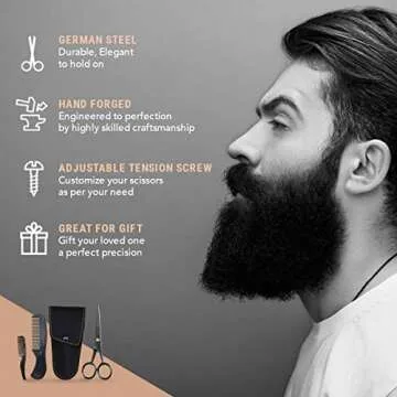 Ontaki 5" Professional German Beard & Mustache Scissors with 2 Comb & Carrying Pouch for Men - Bevel Edge for Precision - Facial Hair Grooming Kit All Body Hair - Black - Beard Trimming Scissors