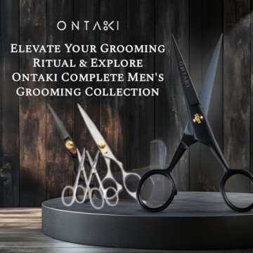 Ontaki 5" Professional German Beard & Mustache Scissors with 2 Comb & Carrying Pouch for Men - Bevel Edge for Precision - Facial Hair Grooming Kit All Body Hair - Black - Beard Trimming Scissors