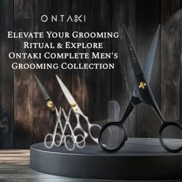 Ontaki 5" Professional German Beard & Mustache Scissors with 2 Comb & Carrying Pouch for Men - Bevel Edge for Precision - Facial Hair Grooming Kit All Body Hair - Black - Beard Trimming Scissors