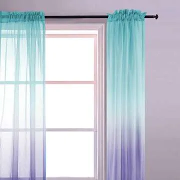 KOUFALL Lavender Curtains for Bedroom,Girls Room Mermaid Decor,Purple Sheer Ombre Baby Kids Curtains for Nursery,Lilac and Aqua Teal,63 Inch Length 2 Panels Set