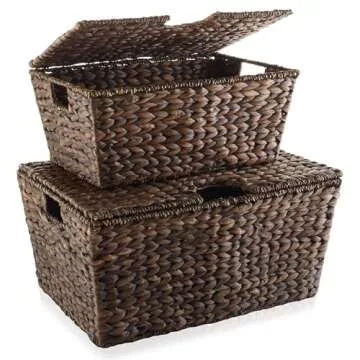 Casafield Set of 2 Water Hyacinth Storage Baskets with Tapered Bottoms and Lids (Medium/Large), Multipurpose Organizers for Bedroom, Bathroom, Laundry, Home Office