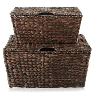 Casafield Set of 2 Water Hyacinth Storage Baskets with Tapered Bottoms and Lids (Medium/Large), Multipurpose Organizers for Bedroom, Bathroom, Laundry, Home Office