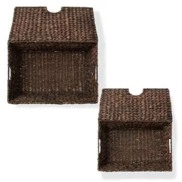 Casafield Set of 2 Water Hyacinth Storage Baskets with Tapered Bottoms and Lids (Medium/Large), Multipurpose Organizers for Bedroom, Bathroom, Laundry, Home Office