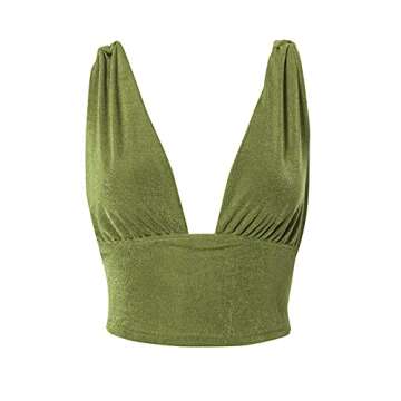 LYANER Women's Sexy Deep V Neck Slim Fitted Strap Crop Cami Tank Sleeveless Top Green Small