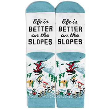 Funny Holiday Socks For Adults and Teens (Gifts For Christmas, Thanksgiving, Valentine's Day, Halloween) (US, Alpha, One Size, Regular, Regular, Life Is Better On The Slopes)
