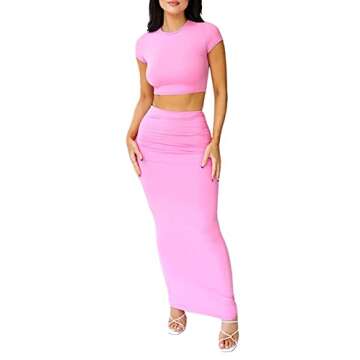 Women Crochet Knit 2 Piece Outfits Set Short Sleeve Shirt Crop Top High Waist Bodycon Midi Skirts Se...