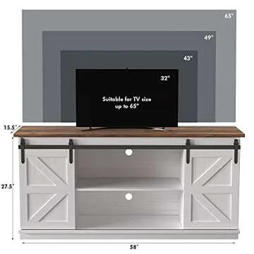 JUMMICO TV Stand for 65 Inch TV, Entertainment Center with Storage Cabinets and Sliding Barn Doors, Mid Century Modern Media TV Console Table for Living Room Bedroom (Bright White)