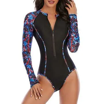 Womens Athletic One Piece Swimsuits Long Sleeve Swimsuit Sports Surfing Swimwear Bathing Suits Red & Blue Stripe L