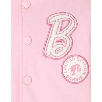Barbie Little Girls French Terry Varsity Bomber Jacket Pink 7-8