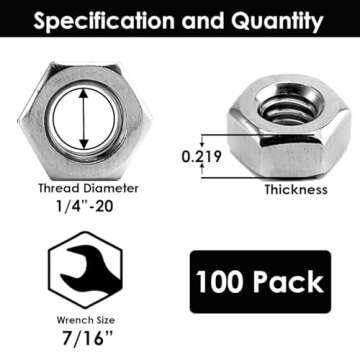 Bolt Dropper 1/4"-20 Stainless Hex Nuts (100 Set), 18-8 (304) Stainless Steel Finish Anti Corrosion ...