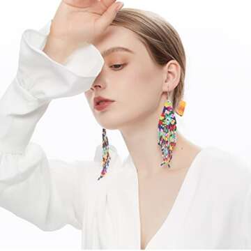 Luluping Bohemian Long Beaded Tassel Earrings for Women