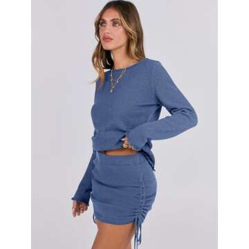 ANRABESS Women 2 Piece Outfits Long Sleeve Sweater Top Mini Skirt Sets 2025 Fall Spring Lounge Travel Beach Clothing Sets Deep Blue M