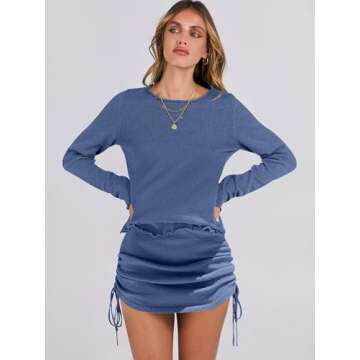 ANRABESS Women 2 Piece Outfits Long Sleeve Sweater Top Mini Skirt Sets 2025 Fall Spring Lounge Travel Beach Clothing Sets Deep Blue M