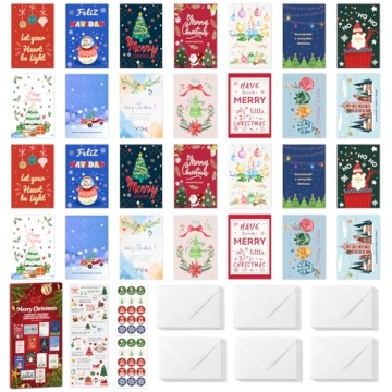 Unique 28 Pack Christmas Cards Set with Colorful Designs