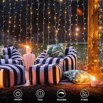 echosari 300 LED Curtain Lights Battery Operated, 9.8ft×9.8ft Hanging Lights with Remote Timer Fairy Curtain Lights for Bedroom Patio Wedding Backdrop Party Decór (Warm White)