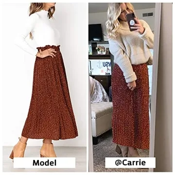 Exlura Womens High Waist Polka Dot Pleated Skirt Midi Swing Skirt with Pockets Coffee Large