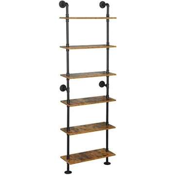 ZIOTHUM 6-Tier Industrial Pipe Shelves Shelf Shelving Rustic Wood Metal Wrought Iron Ladder Bookcase Bookshelf Wall Mounted Mount DIY Loft Vintage Floating Hanging Storage Display (23.6x9.8x78.7”)