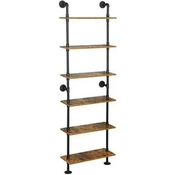 ZIOTHUM 6-Tier Industrial Pipe Shelves Shelf Shelving Rustic Wood Metal Wrought Iron Ladder Bookcase Bookshelf Wall Mounted Mount DIY Loft Vintage Floating Hanging Storage Display (23.6x9.8x78.7”)