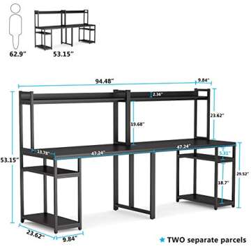 Tribesigns 94.5 inches Computer Desk with Hutch, Extra Long Two Person Desk with Storage Shelves, Double Workstation Office Desk Table Study Writing Desk for Home Office,Black