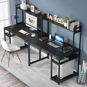 Tribesigns 94.5 inches Computer Desk with Hutch, Extra Long Two Person Desk with Storage Shelves, Double Workstation Office Desk Table Study Writing Desk for Home Office,Black