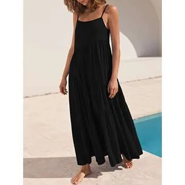 ANRABESS Women Summer Casual Loose Sleeveless Sundress Spaghetti Strap Flowy Boho Linen Beach Vacation Maxi Long Dress Black Small