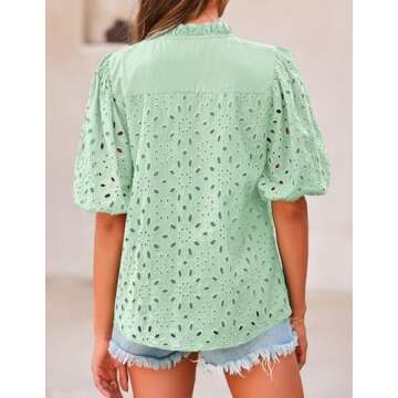 PRETTYGARDEN Women's Summer Tops 2025 Dressy Casual Short Sleeve V Neck Buttons Hollow Out Lace Embr...