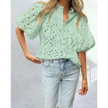 PRETTYGARDEN Women's Summer Tops 2025 Dressy Casual Short Sleeve V Neck Buttons Hollow Out Lace Embroidered Blouses Shirts (Light Green,Small)