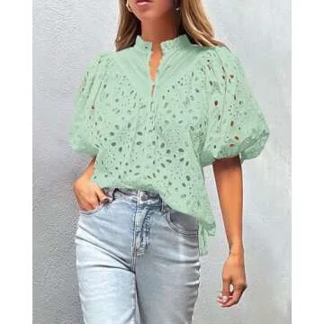 PRETTYGARDEN Women's Summer Tops 2025 Dressy Casual Short Sleeve V Neck Buttons Hollow Out Lace Embroidered Blouses Shirts (Light Green,Small)