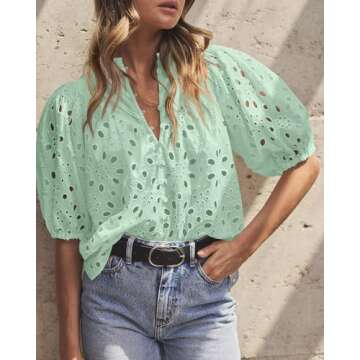PRETTYGARDEN Women's Summer Tops 2025 Dressy Casual Short Sleeve V Neck Buttons Hollow Out Lace Embroidered Blouses Shirts (Light Green,Small)