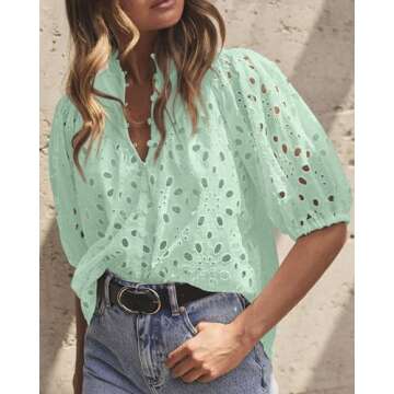 PRETTYGARDEN Women's Summer Tops 2025 Dressy Casual Short Sleeve V Neck Buttons Hollow Out Lace Embroidered Blouses Shirts (Light Green,Small)