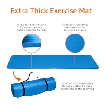 Amazon Basics Extra Thick Exercise Yoga Gym Floor Mat with Carrying Strap, 74 x 24 x .5 Inches, Blue