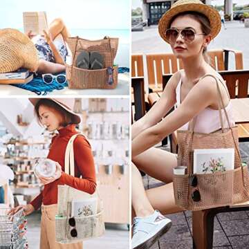 Silkfly 2 Colors Mesh Beach Tote Bag for Women 2024 Net Tote Bag Large Zipper Waterproof Pool Shoulder Bag with Multiple Pockets for Beach Vacation Swimming Family Travel Supplies