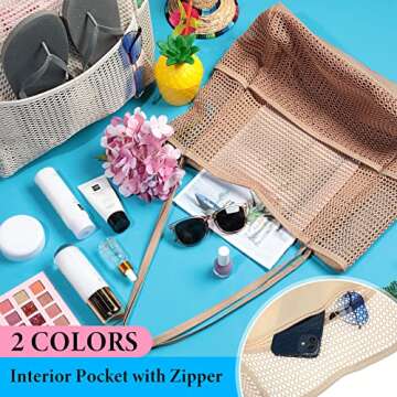 Silkfly 2 Colors Mesh Beach Tote Bag for Women 2024 Net Tote Bag Large Zipper Waterproof Pool Shoulder Bag with Multiple Pockets for Beach Vacation Swimming Family Travel Supplies